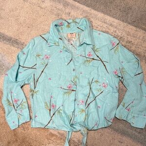 Dandy- Women's Aqua & Butterfly Print Linen Button down Shirt